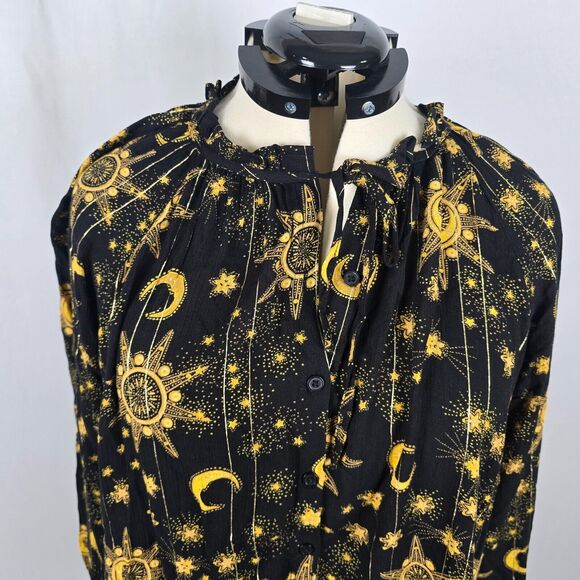Torrid Blouse Women's 1X Black Gold Moon Print Long Sleeve Tie Mock Neck NWT - Picture 2 of 16